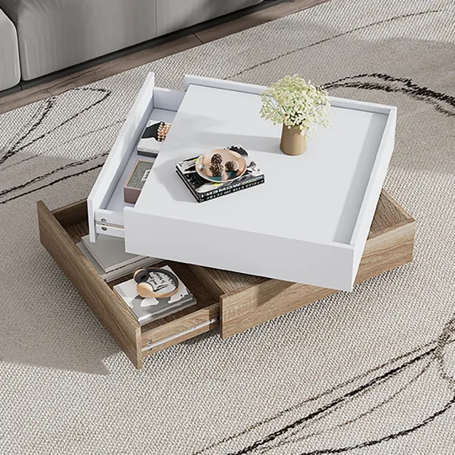 COVREO Salontafel 60x60x38 cm – wit en walnoot, 360° draaibaar tafelblad, 2 laden