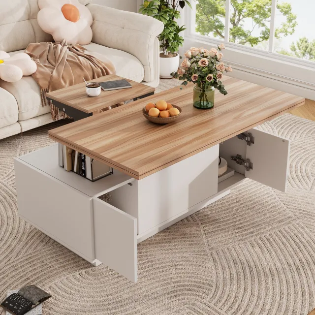 Maisentiel Salontafel met 2 hefbladen en opbergruimte - wit/houtkleur - 100 x 50 x 55,5 cm Wit en houtkleur