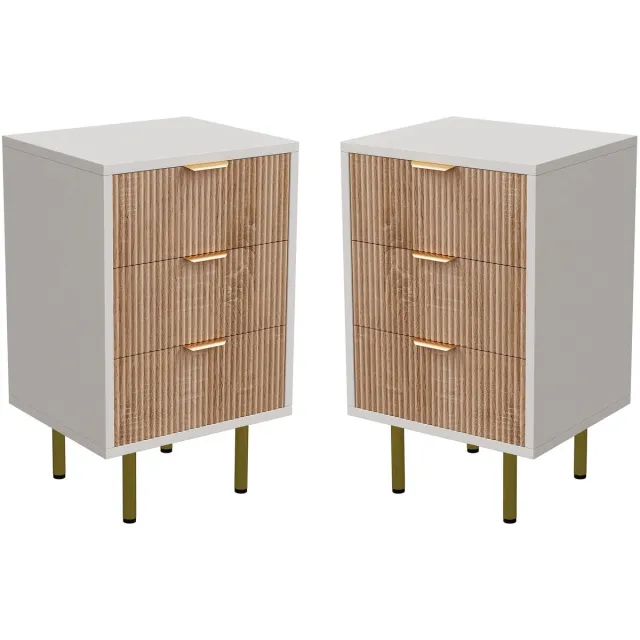 Vivero Nachtkastje - Nachtkastjes set van 2 - Prachtige design nachtkastjes voor in de slaapkamer - Kleur wit met hout - Gouden greepjes - 40x40x65 cm Wit met massief hout