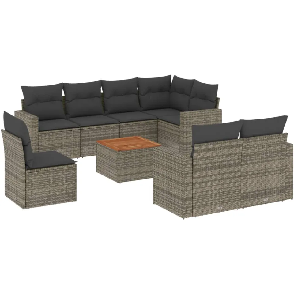 vidaXL 9-delige Loungeset met kussens poly rattan grijs