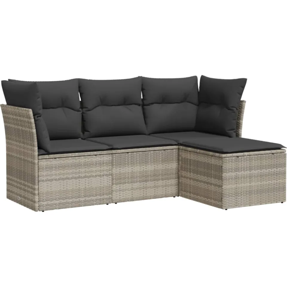 vidaXL 4-delige Loungeset met kussens poly rattan lichtgrijs grijs, foto 3