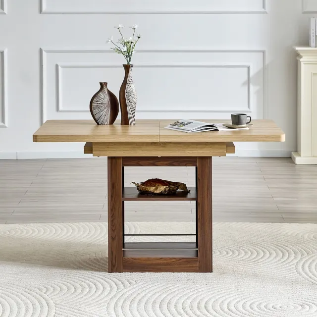 MODENUIT Eettafel - Uitschuifbaar Met Open Opbergvakken - Voor Eethoek En Kleine Ruimtes - MDF - 130-160x80 Cm Natuurlijk Hout, Walnoot