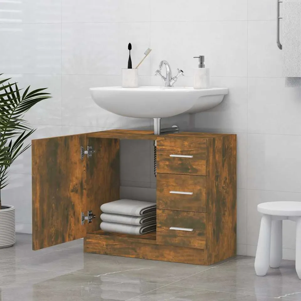 vidaXL Wastafelkast 63x30x54 cm bewerkt hout gerookt eikenkleurig, foto 3