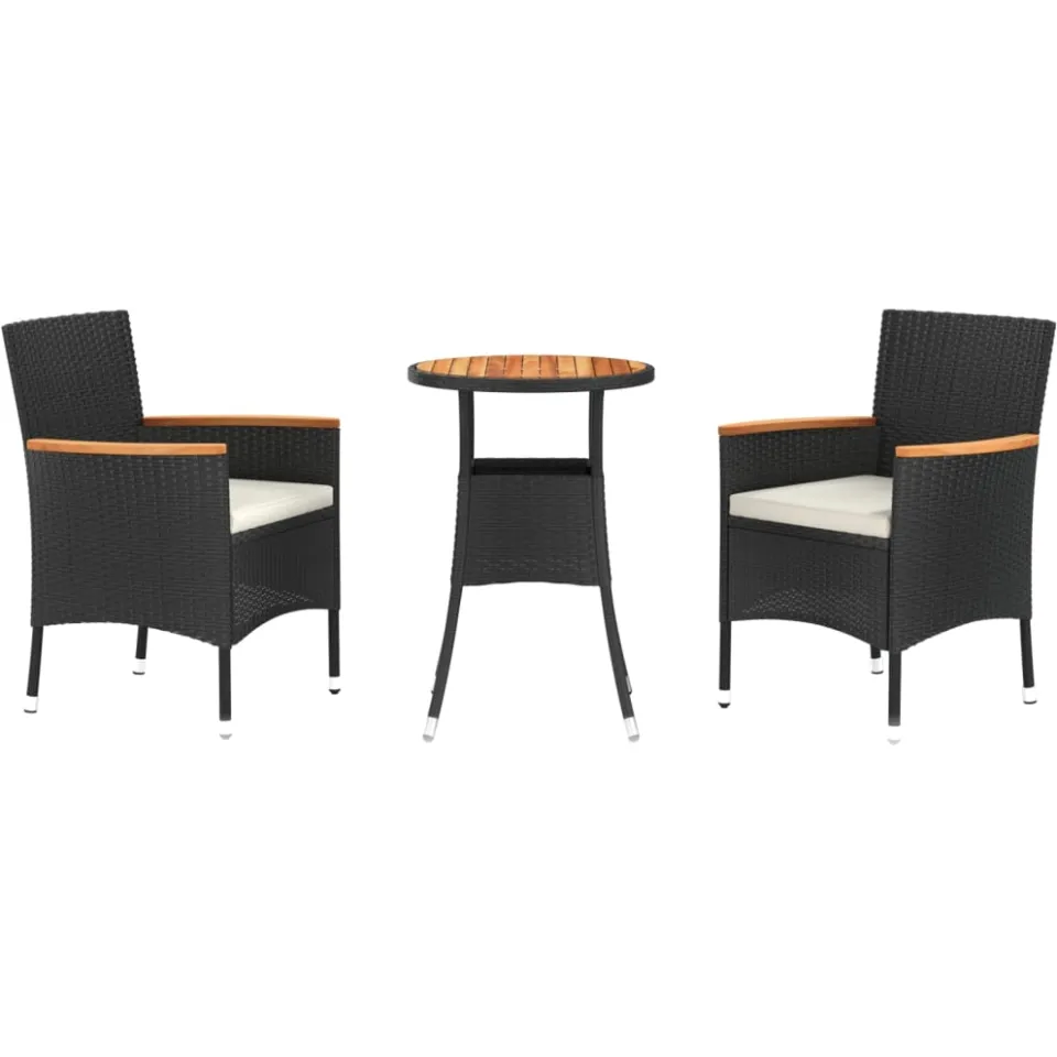 vidaXL 3-delige Bistroset met kussens poly rattan zwart, foto 3
