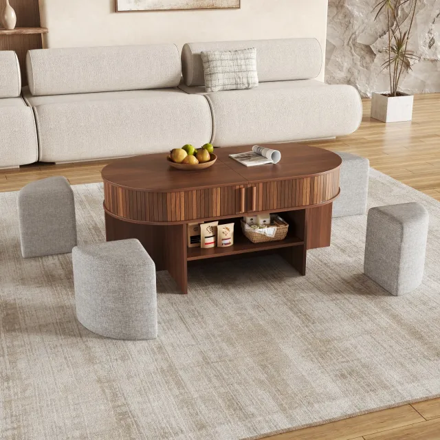 Clruro Salontafelset - 120×60×51,5 cm - met Krukken - Schuifdeuren - MDF/Spaanplaat - Walnoot