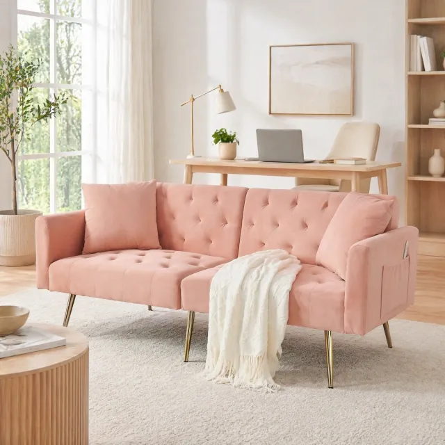 COVREO 2-zits slaapbank 177 x 78 x 74 cm - fluweel pink, 3 standen, 2 kussens Roze