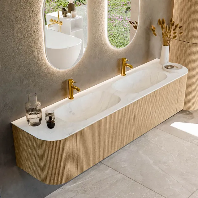 Mondiaz KURVE-DLUX 190 cm Onderkast Greeploos 2 Lades Met Deuren Oak, Wastafel Solid Surface Dubbel Opalo 2 Kraangaten Zonder Spiegel (KRVSTS190L+R2L2D2KD-Oak/Opa)