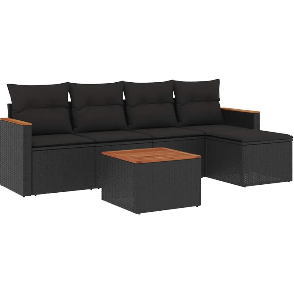 vidaXL 6-delige Loungeset met kussens poly rattan zwart