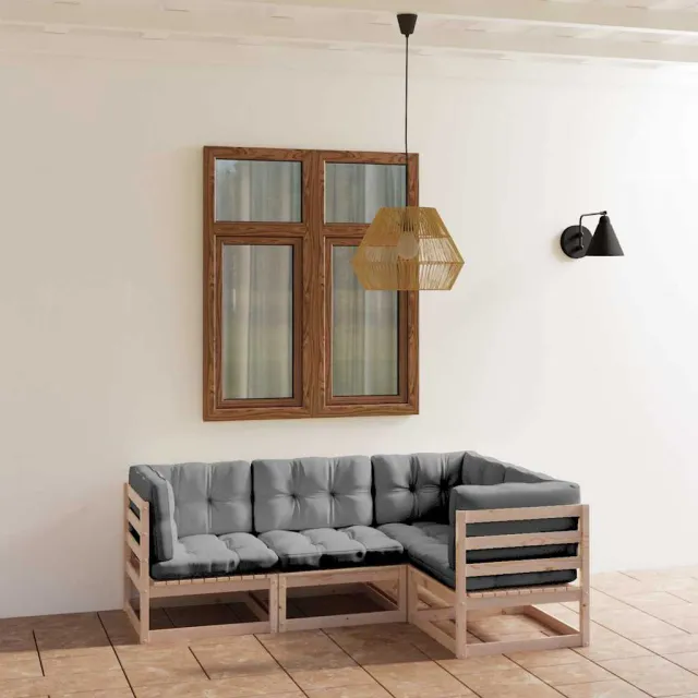vidaXL 4-delige Loungeset met kussens massief grenenhout grijs, foto 2