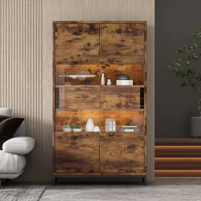 Pugsdrly 80*40*138 cm Vitrinekast met ledverlichting, vitrinekast op pootjes, vitrinekasten met 2 laden, opbergvitrine met acryl afdekking, hoog dressoir, wijnkasten, boekenkasten met veel opbergruimte, zwart + houtnerf Zwart+Bruin