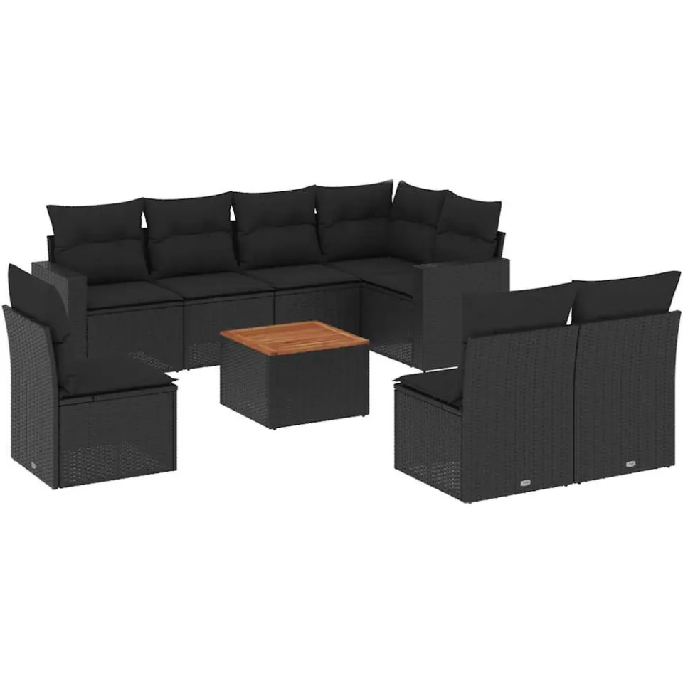 vidaXL 9-delige Loungeset met kussens poly rattan zwart, foto 3