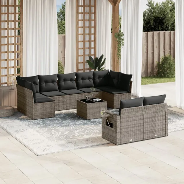 vidaXL 10-delige Loungeset met kussens poly rattan grijs, foto 2