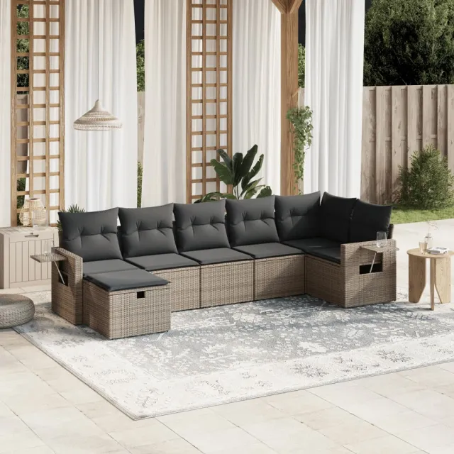 vidaXL 7-delige Loungeset met kussens poly rattan grijs, foto 2