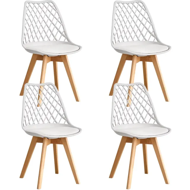 Whoopr® Set van 4 Eetkamerstoelen – Moderne Gestoffeerde Stoelen met Mesh Rugleuning & Massief Houten Poten – Comfortabele Keukenstoelen voor Eetkamer, Woonkamer & Café Wit