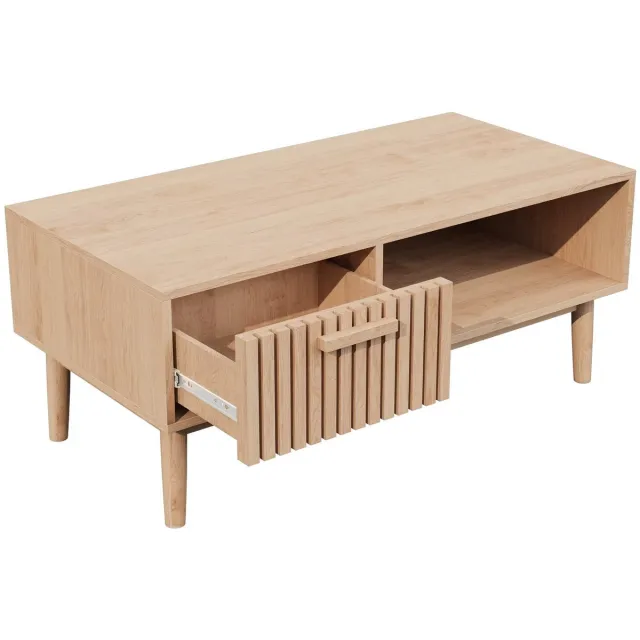 JOYNEXTBUY Salontafel - Bijzettafel - Lade - Opbergplank - Geribbeld Design - Multifuntioneel - 100cmx50cmx43cm - MDF - Naturel Houtkleur