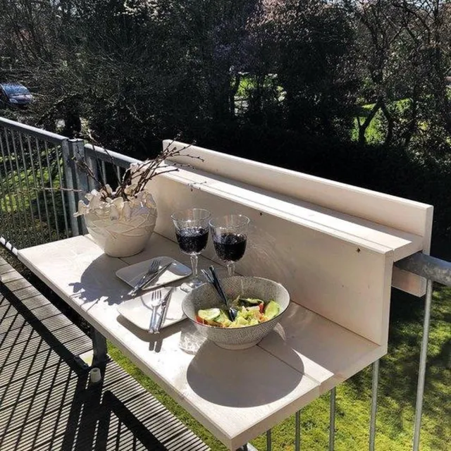 GoudmetHout Balkontafel Hangend XL - 99 cm Hout - Balkonbar - Hangtafel Buiten - Relingdikte vanaf 14 t/m 16 cm - Bijzettafel Balkon & Tuin tafeltje - White Wash White wash (zelf beitsen)