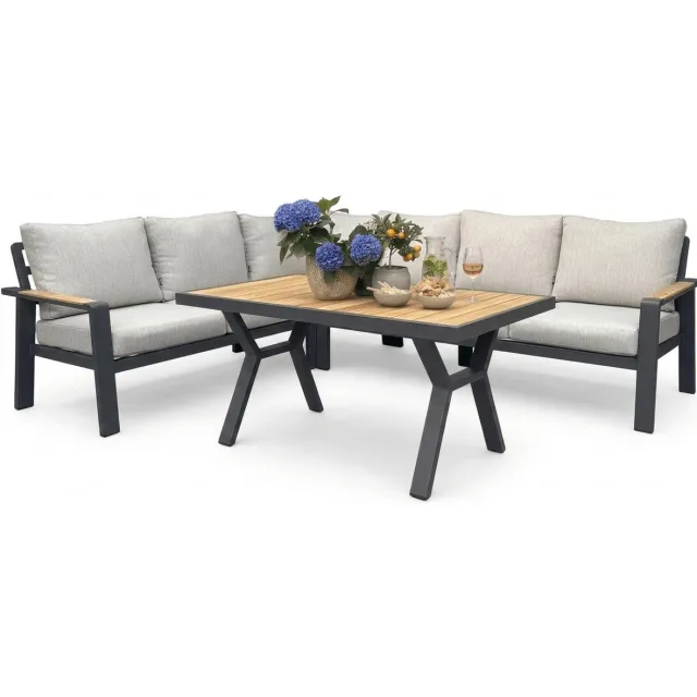 Belito Lotte Loungeset Hoekbank Nr. 4 | 288 x 220 cm | Met Vaste Diningtafel | Antraciet | Lichte Kussens