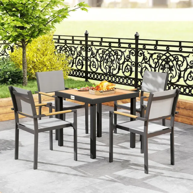HAUSS SPOLE Tuintafel - Vierkante Eettafel Met Houtlook Tafelblad En Aluminium Frame - Voor Balkon En Terras - Zwart Naturel - 78x78x74 Cm Natural Wood
