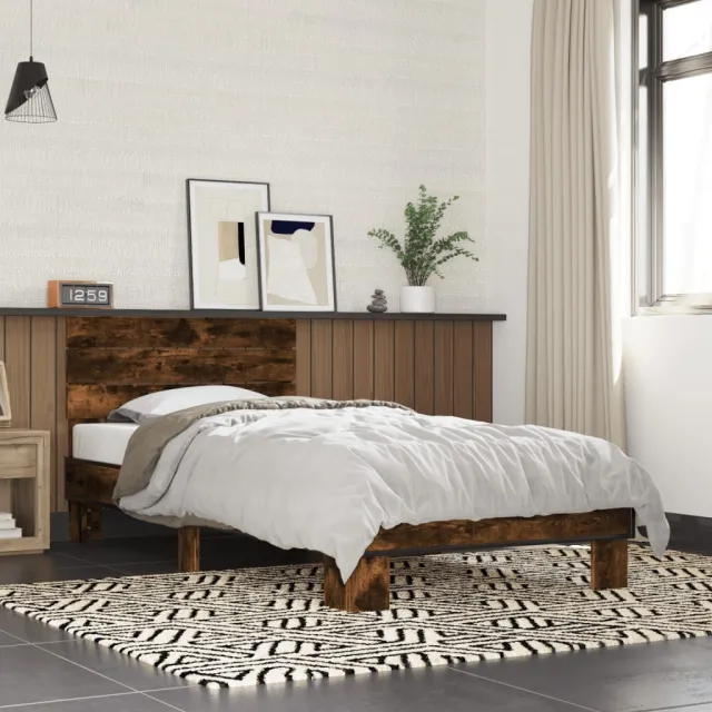 vidaXL Bedframe bewerkt hout en metaal gerookt eikenkleurig 90x200 cm