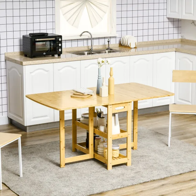 HAUSS SPOLE Eettafel - Opklapbaar Met Opbergplanken - Voor Eetkamer, Keuken En Woonkamer - Bamboe - 149,5 x 80 x 73,5 cm - Naturel Natuurlijk hout