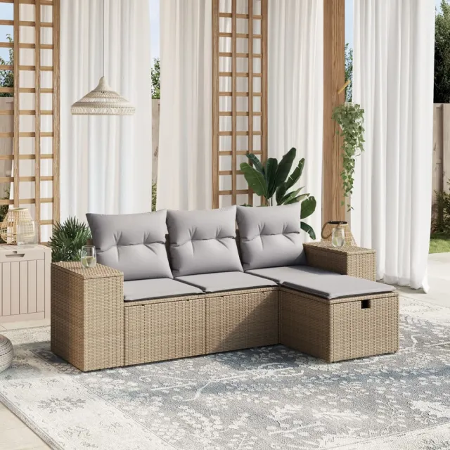 vidaXL 4-delige Loungeset met kussens poly rattan gemengd beige, foto 2