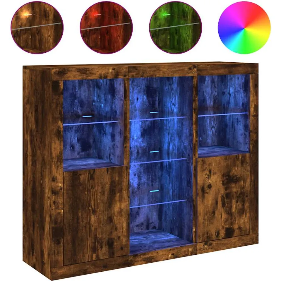 vidaXL Dressoirs met LED-verlichting 3 st bewerkt hout gerookt eiken Bruin