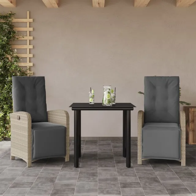 vidaXL 3-delige Bistroset met kussens poly rattan lichtgrijs