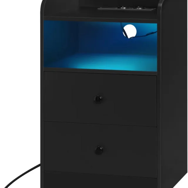 Happiq Nachtkast met RGB lichten - Zwart - Slaapkamer - Met ingebouwde usb oplaadpoorten
