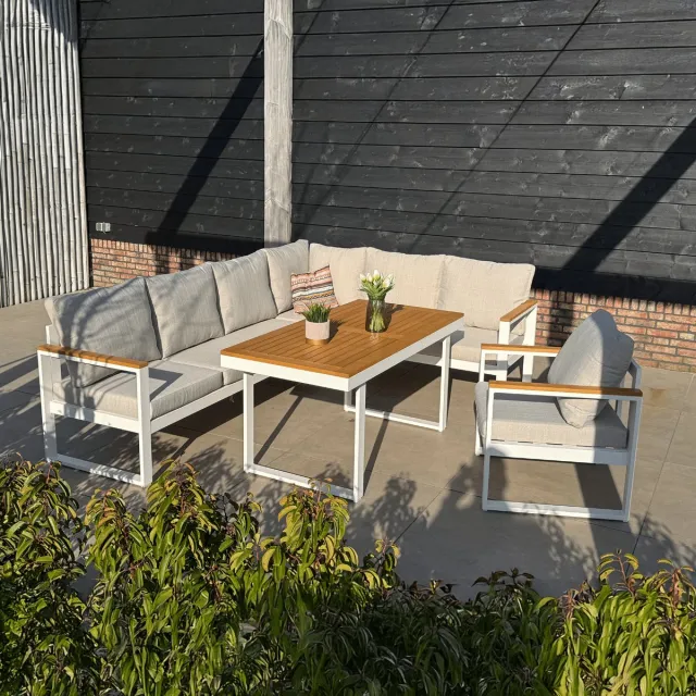 Tuinmeubelwinkel Loungeset Cube Wit Hoekbank Diningset Aluminium/Hout - 22380W Mat wit