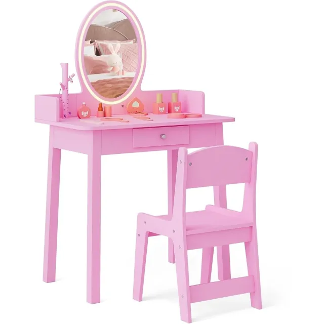 KOMFOTTEU Make-uptafel voor kinderen - kaptafel met verlichte spiegel, kruk, lade en sieradenorganizer - 2-in-1 make-uptafel met tweekleurige ledverlichting voor meisjes Roze