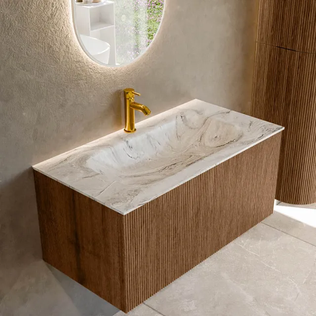 Mondiaz KURVE-DLUX 90 cm Onderkast Greeploos 1 Lade Zonder Deuren Walnut, Wastafel Solid Surface Midden Glace 1 Kraangat Zonder Spiegel (KRVBGS901L0D1KM-Wal/Gla)