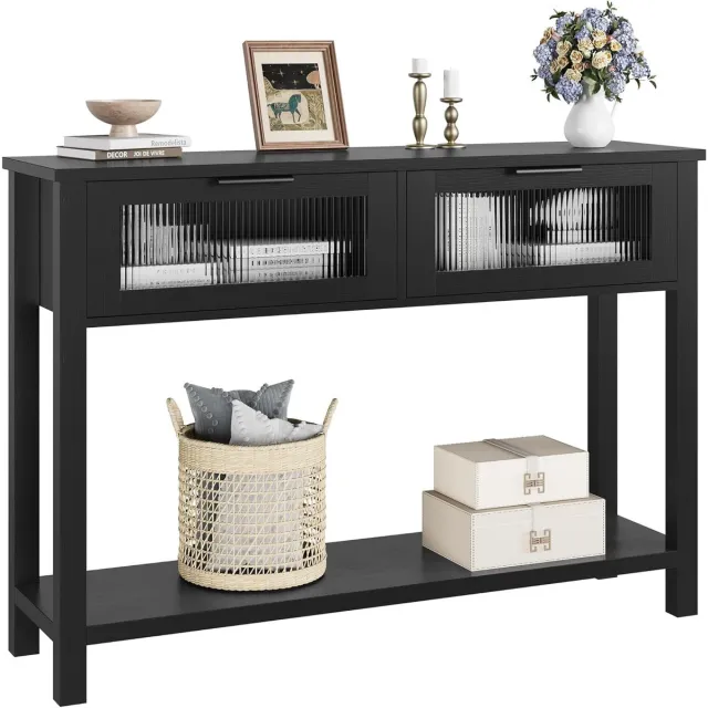Danky Landelijke Sidetable - Consoletafel met 2 Laden en Opbergplank - Wandtafel voor Hal, Woonkamer of Slaapkamer - Robuust & Stijlvol - Zwart