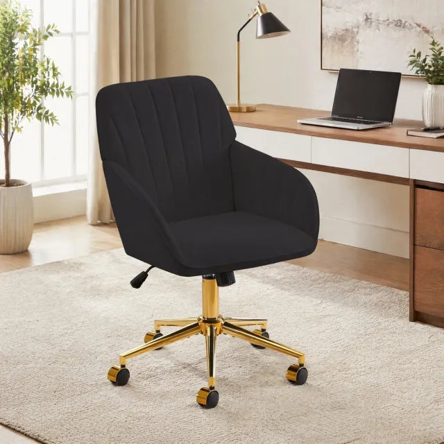 REDOM Bureaustoel - Verstelbare zithoogte en 360° draaibaar - Met vaste armleuningen - Ergonomische rugleuning en 5 wielen - Velvet - Zwart - 60 x 58 x 96,5 cm
