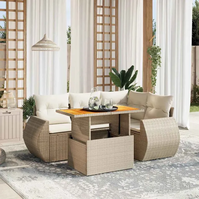vidaXL 5-delige Loungeset met kussens poly rattan beige, foto 2
