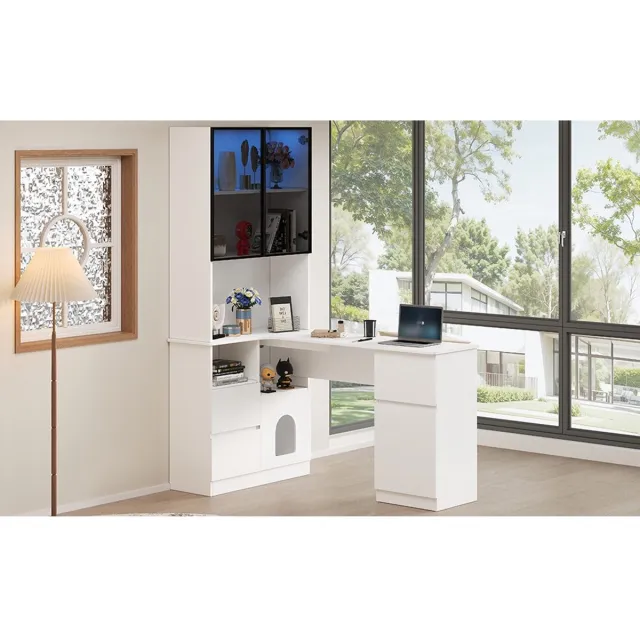 YYchan hoekbureau - wit - 120 x 80 x 180 cm - met lade - met opbergruimte - met LED