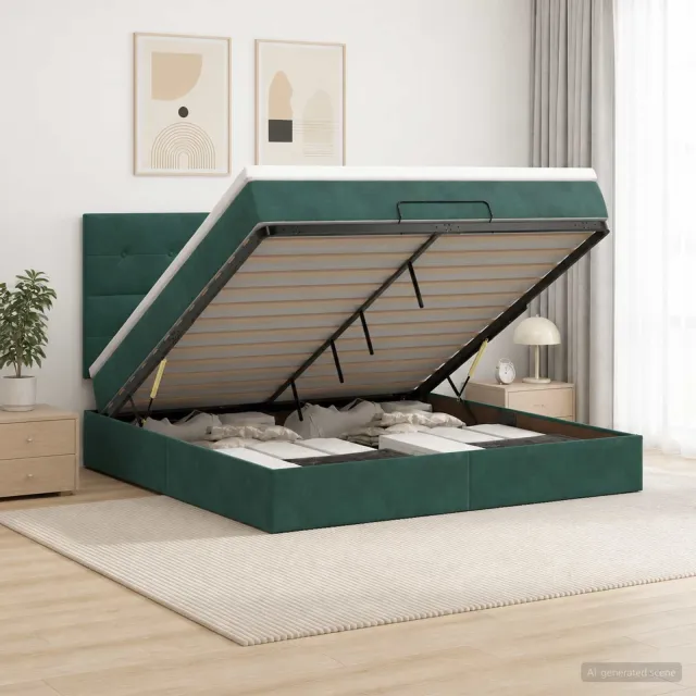 vidaXL Ottoman Bed met Matrassen en LED Donkergroen 160 x 200 cm