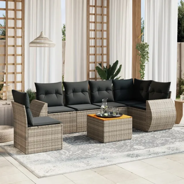 vidaXL 7-delige Loungeset met kussens poly rattan grijs, foto 2