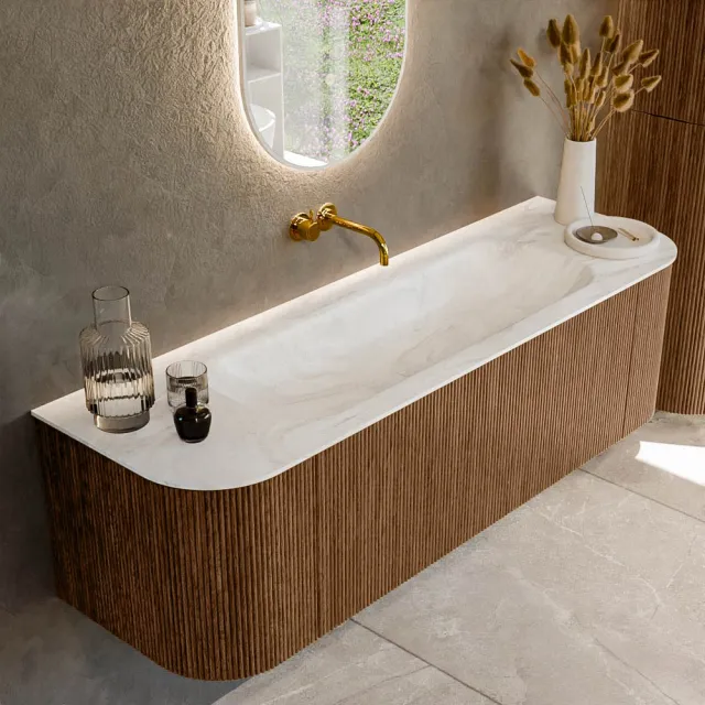 Mondiaz KURVE-DLUX 150 cm Onderkast Greeploos 1 Lade Met Deuren Walnut, Wastafel Solid Surface Midden Ostra 0 Kraangaten Zonder Spiegel (KRVBGM150L+R1L2D0KM-Wal/Ost)