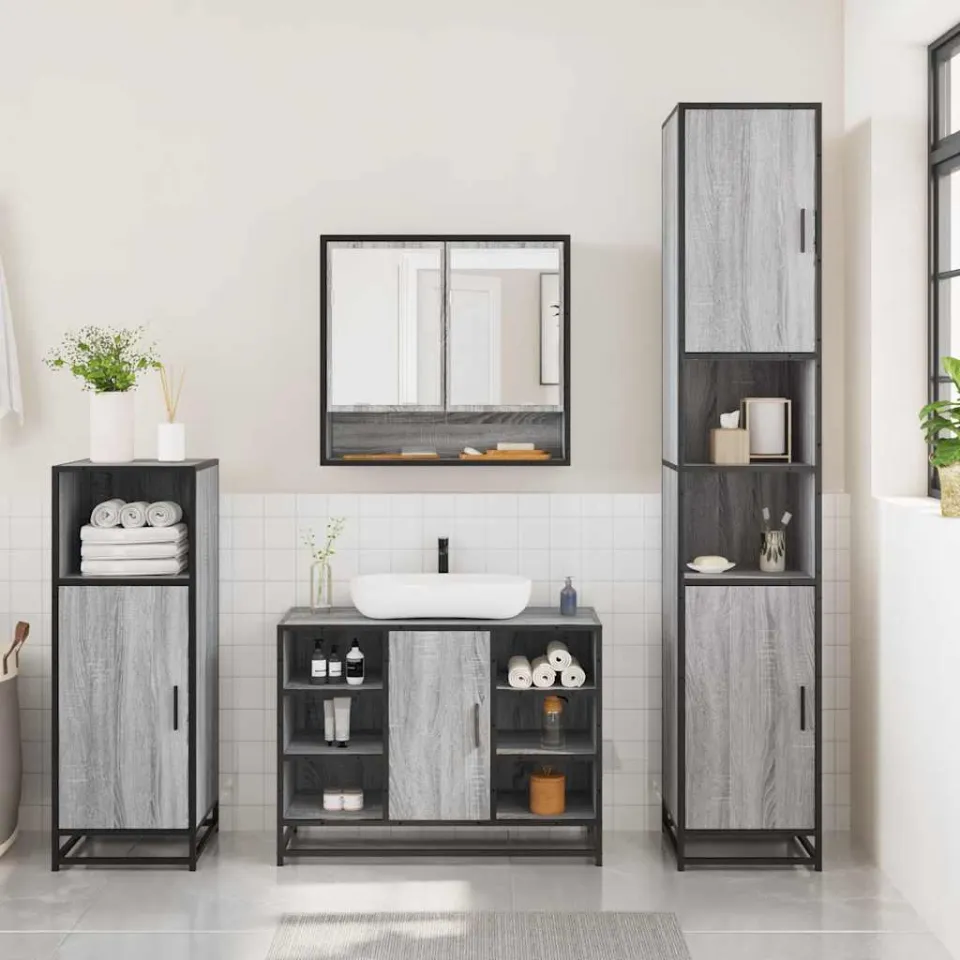 vidaXL 3-delige Badkamermeubelset bewerkt hout grijs sonoma eikenkleur, foto 2