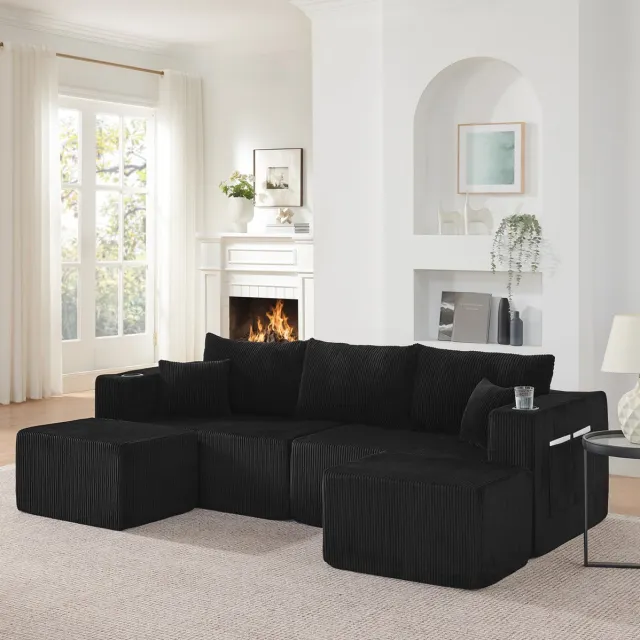 REDOM Modulaire hoekbank - 3 zitplaatsen - L-vorm - Verplaatsbare ottomanen - Bekerhouders en zijvakken - Cordstof - Zwart - 230 x 75 cm