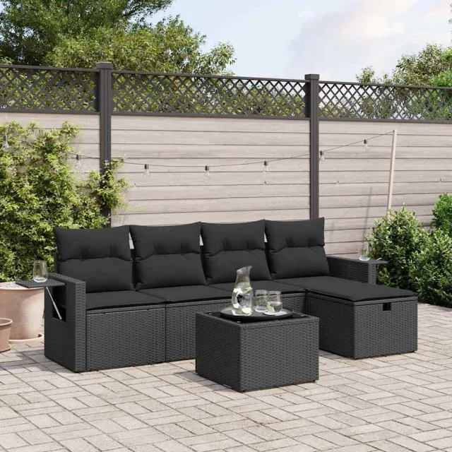 vidaXL 6-delige Loungeset met kussens poly rattan zwart, foto 2