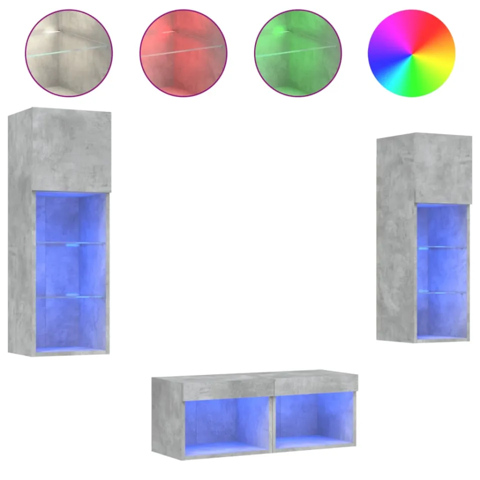 vidaXL 4-delige tv-wandmeubelset met LED-verlichting betongrijs