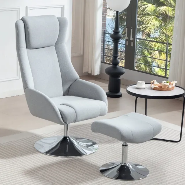 DESMIU Relaxfauteuil 68 x 84 x 118 cm - Draaibaar Met Hocker En Verstelbare Rugleuning - Voor Woonkamer En Slaapkamer - Stof Grijs