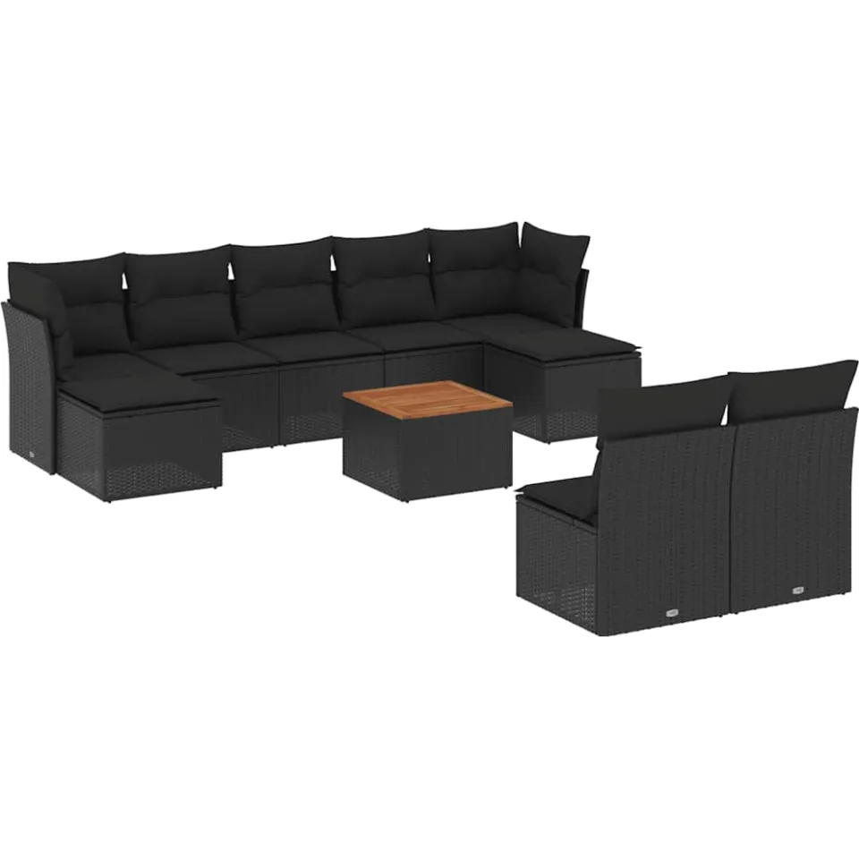 vidaXL 10-delige Loungeset met kussens poly rattan zwart