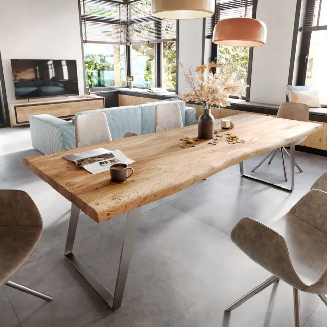 DELIFE Eettafel Edge acacia natuur 260x100 XL edelstaal schuin Live-Edge Bruin