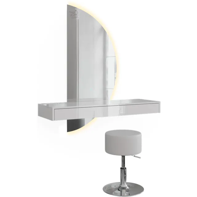 Vicco Kaptafel met licht Sherry, Wit Hoogglans, 100 cm met LED-spiegel en kruk, rechts