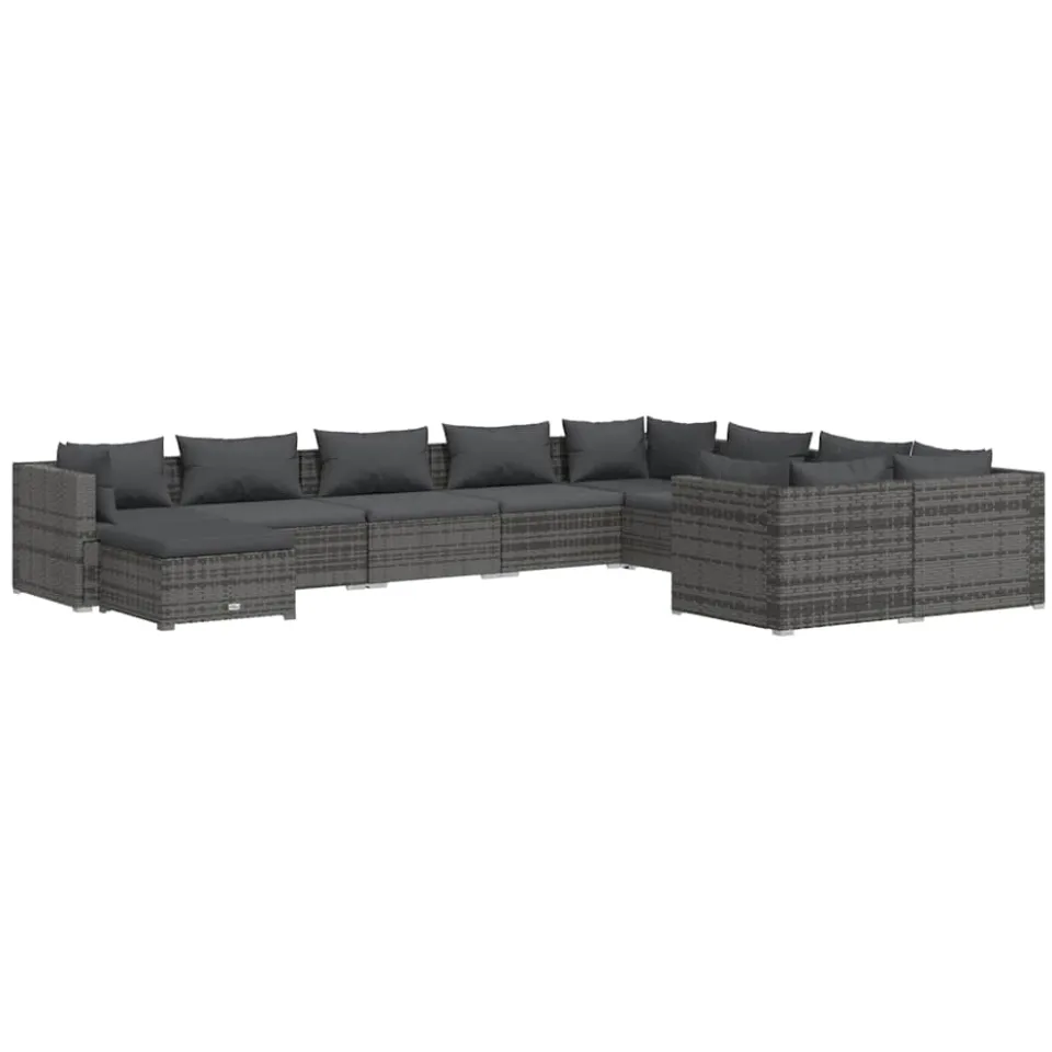 vidaXL 10-delige Loungeset met kussens poly rattan grijs