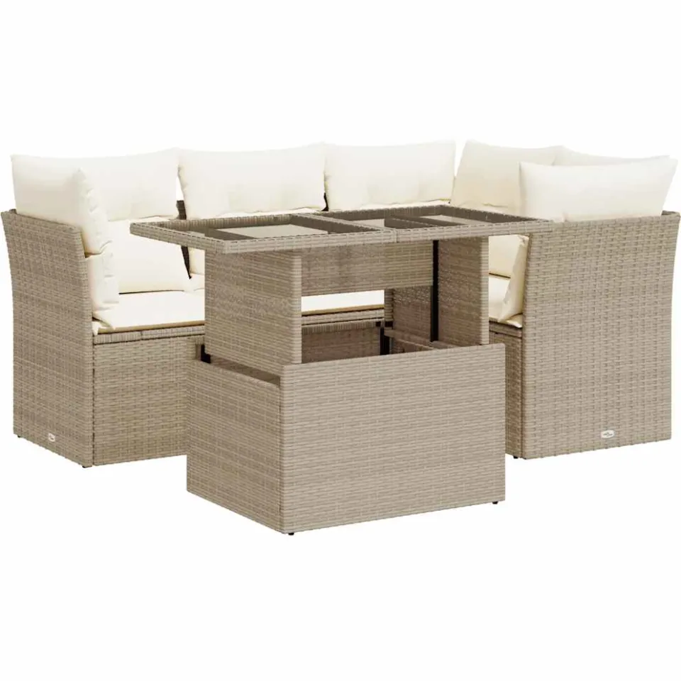 vidaXL 5-delige Loungeset met kussens poly rattan beige, foto 3