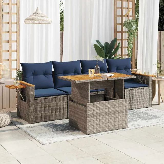 vidaXL 5-delige Loungeset met kussens poly rattan grijs, foto 2