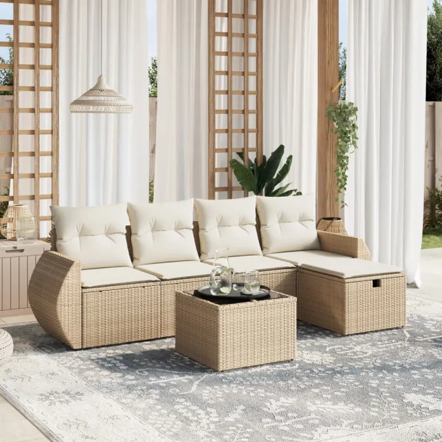 vidaXL 6-delige Loungeset met kussens poly rattan beige, foto 2